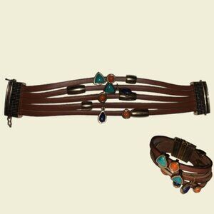 Barse Brown Leather Cuff Bracelet Turquoise Coral Lapis Gemstone Boho
